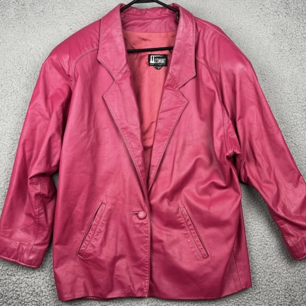 Vintage Pink Leather Jacket Womens Medium 90’s Barbiecore Biker Retro Comint